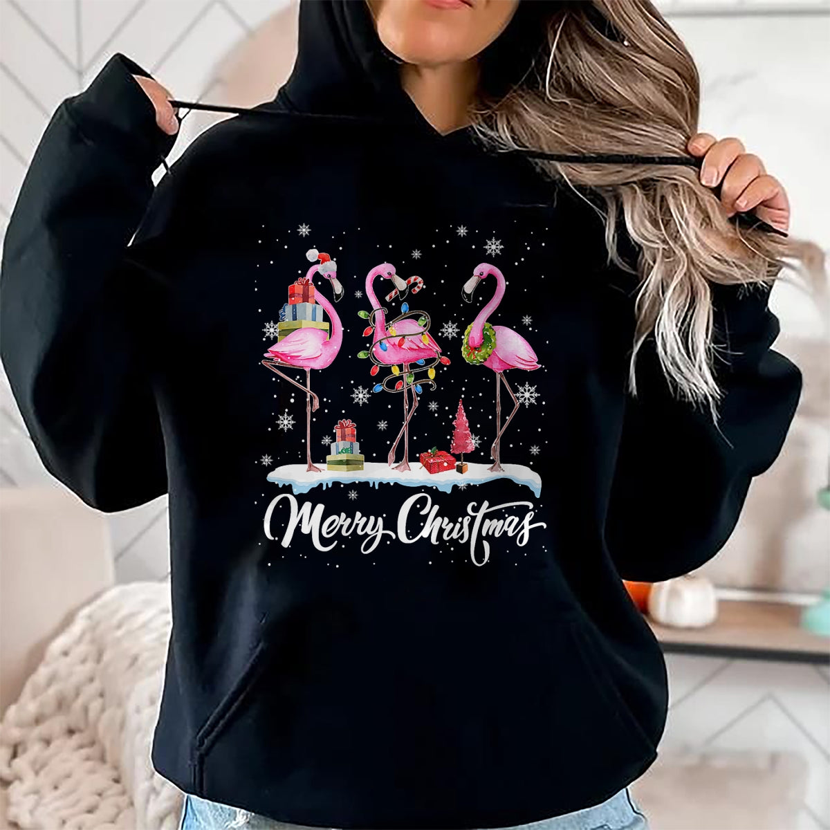 Christmas Shirts for Family, Funny christmas shirts, Christmas Unisex T-Shirt/Hoodie/Sweatshirt HLT00 - Merry Christmas Hat Santa Flamingo Light Christmas Snow T-Shirt