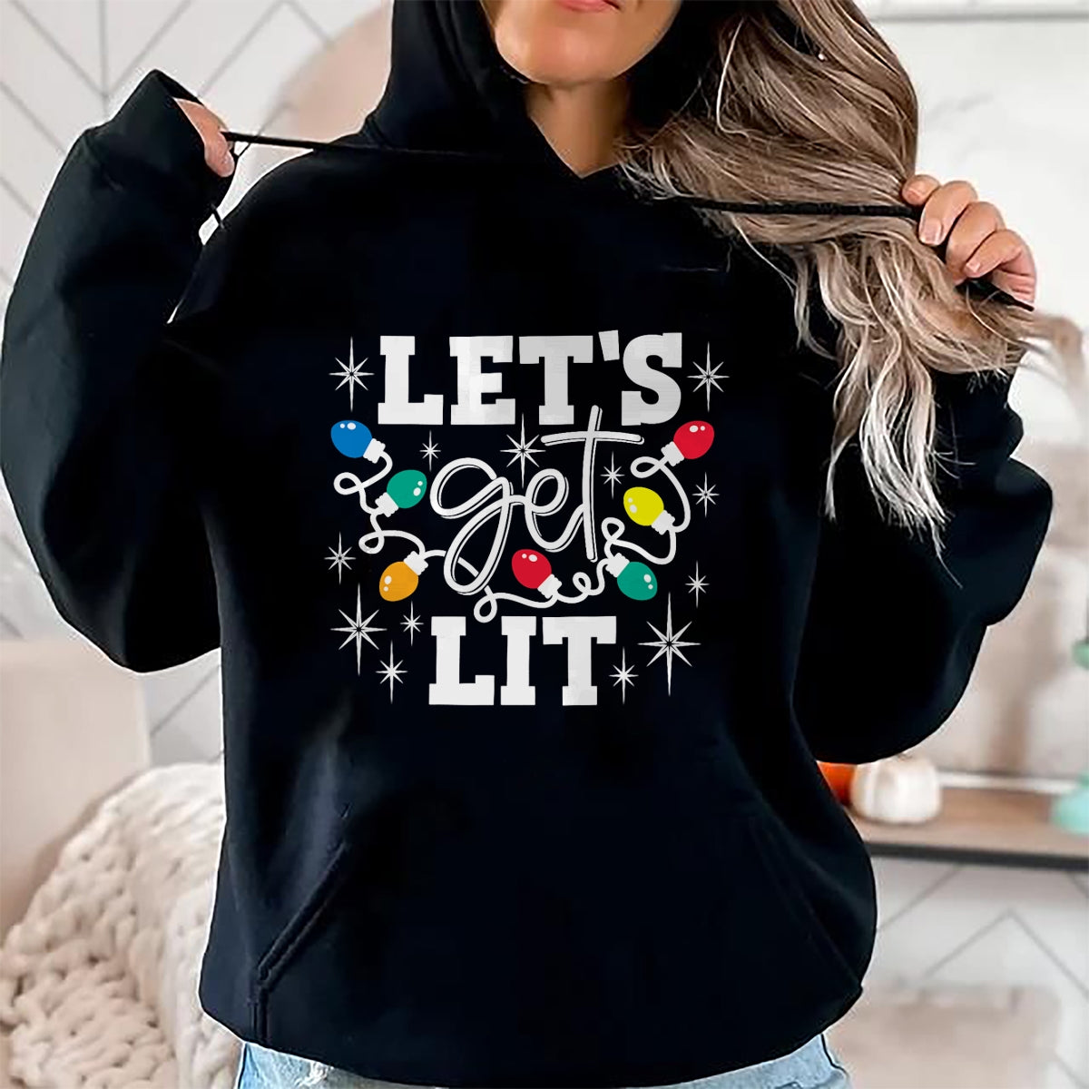 Christmas Shirts for Family, Funny christmas shirts, Christmas Unisex T-Shirt/Hoodie/Sweatshirt HLT00 - Let's Get Lit Drinking Santa Hat Christmas Lights Funny T-Shirt
