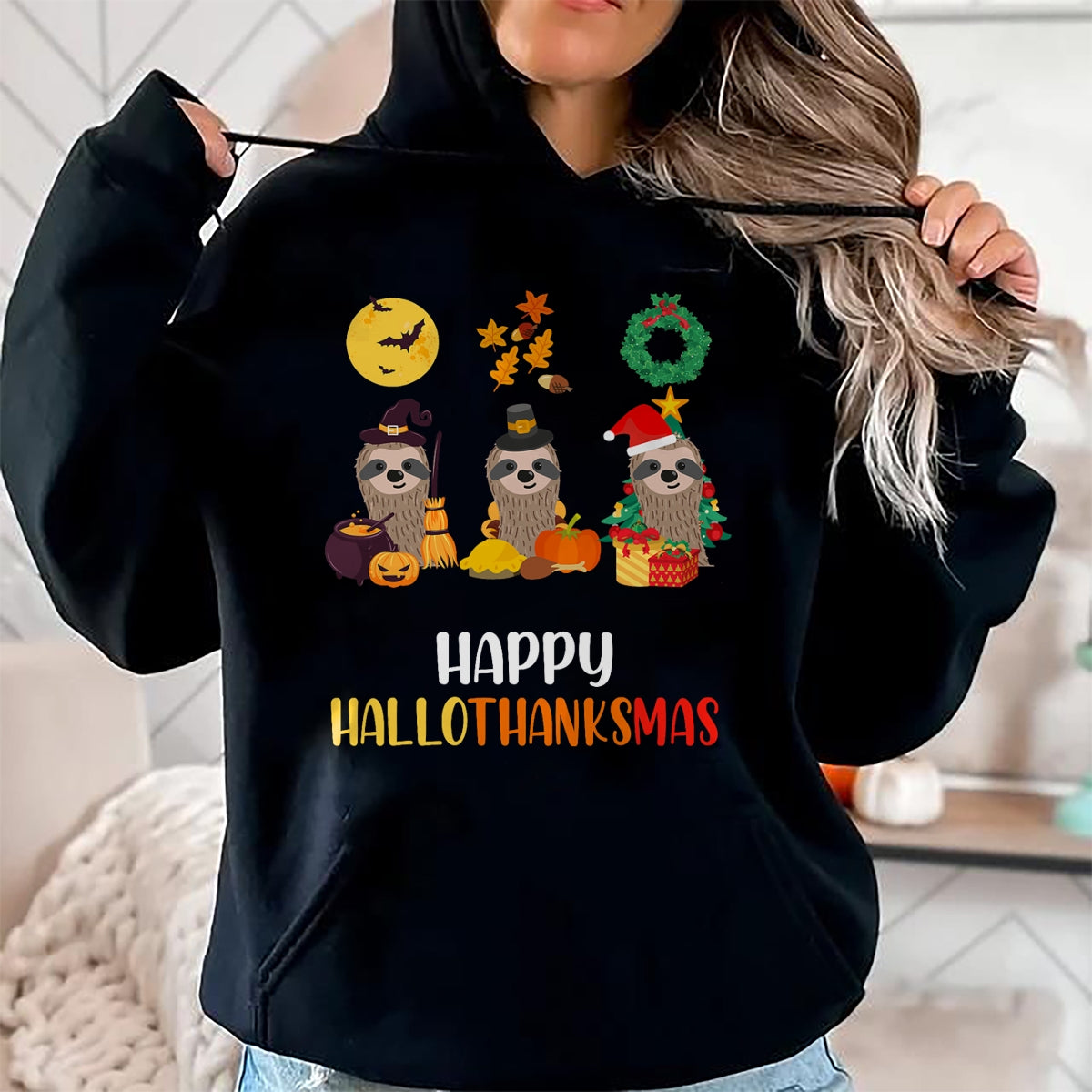Christmas Shirts for Family, Funny christmas shirts, Christmas Unisex T-Shirt/Hoodie/Sweatshirt HLT00 - Sloth Halloween Christmas Happy Hallothanksmas Thanksgiving T-Shirt