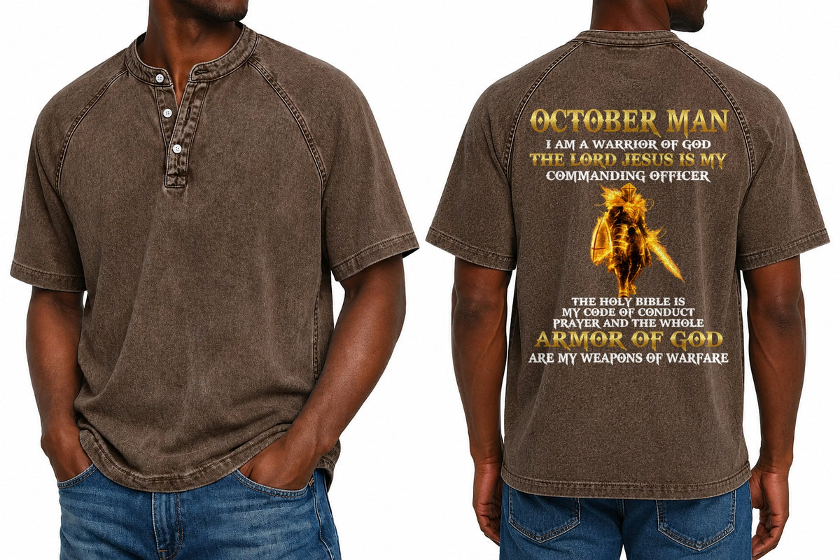 OCTOBER - I AM A WARRIOR OF GOD I GIFT FOR MEN - Washed Round Neck Polo - A09-741 I TRNN10 (SKU2607-151-10)