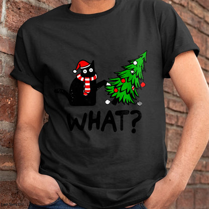 Christmas Shirts for Family, Funny christmas shirts, Christmas Unisex T-Shirt/Hoodie/Sweatshirt HLT00 - Funny Black Cat Gift Pushing Christmas Tree Over Cat What T-Shirt