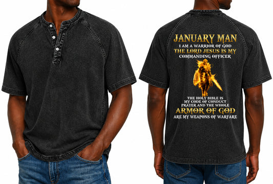 JANUARY - I AM A WARRIOR OF GOD I GIFT FOR MEN - Washed Round Neck Polo - A09-741 I TRNN01 (SKU2607-151-01)