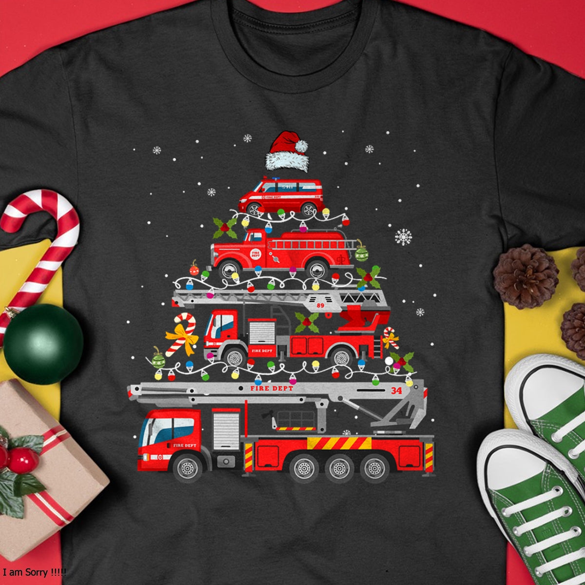 Christmas Shirts for Family, Funny christmas shirts, Christmas Unisex T-Shirt/Hoodie/Sweatshirt HLT00 - Firefighter Fire Truck Christmas Tree Lights Santa Fireman T-Shirt