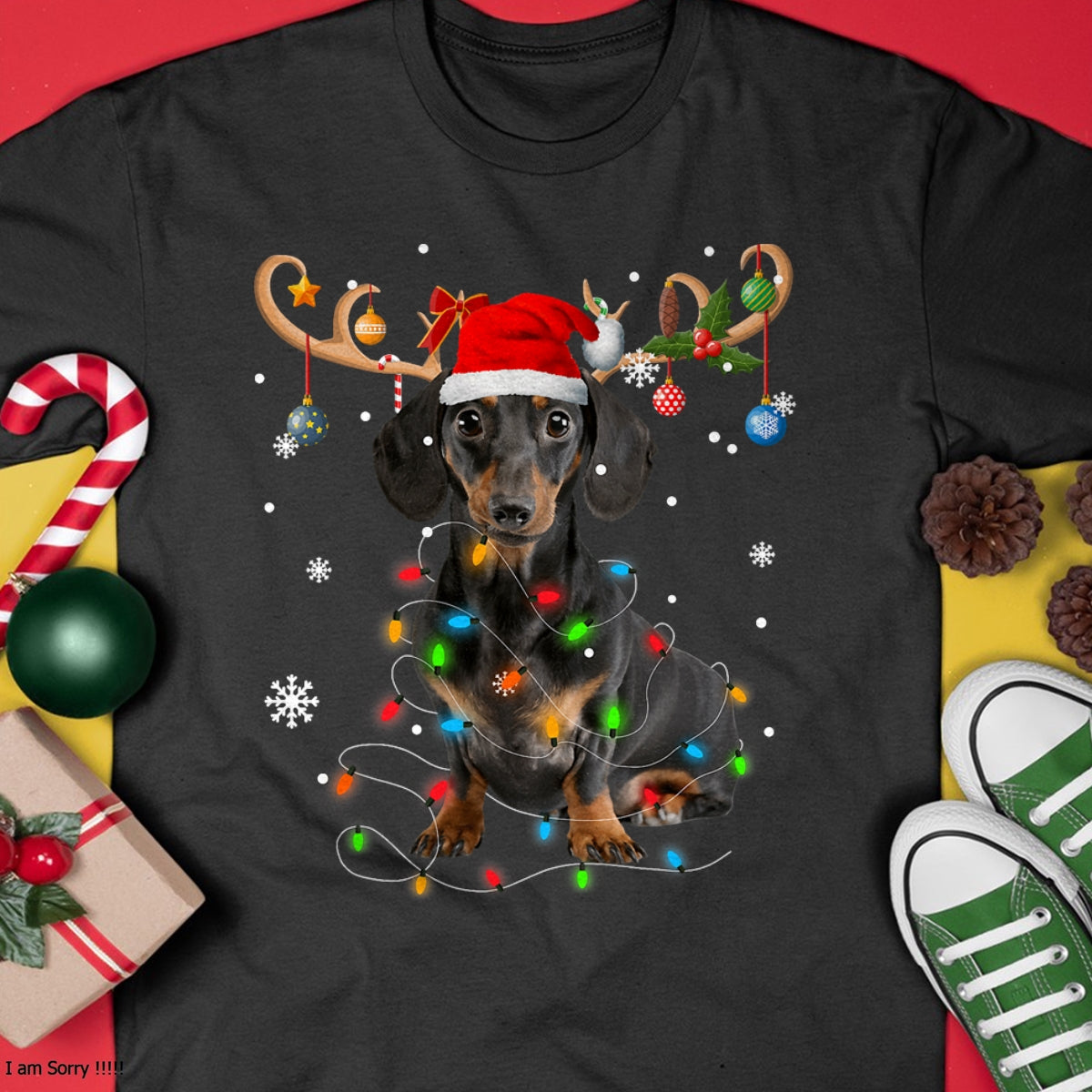 Funny Dachshund Christmas Reindeer Christmas Lights Pajama T-Shirt - Christmas Unisex T-Shirt/Hoodie/Sweatshirt - TRNN00