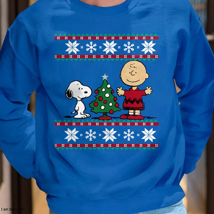 Christmas Shirts for Family, Funny christmas shirts, Christmas Unisex T-Shirt/Hoodie/Sweatshirt HLT00 - Peanuts Snoopy and Charlie Christmas tree Short Sleeve T-Shirt Blue