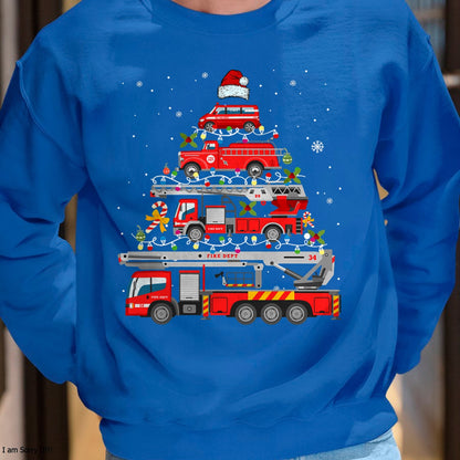 Christmas Shirts for Family, Funny christmas shirts, Christmas Unisex T-Shirt/Hoodie/Sweatshirt HLT00 - Firefighter Fire Truck Christmas Tree Lights Santa Fireman T-Shirt