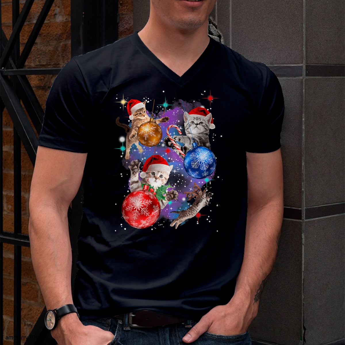 Cute Christmas Cats In Space Ornaments Graphic T-Shirt - Christmas Unisex T-Shirt/Hoodie/Sweatshirt - TRNN00