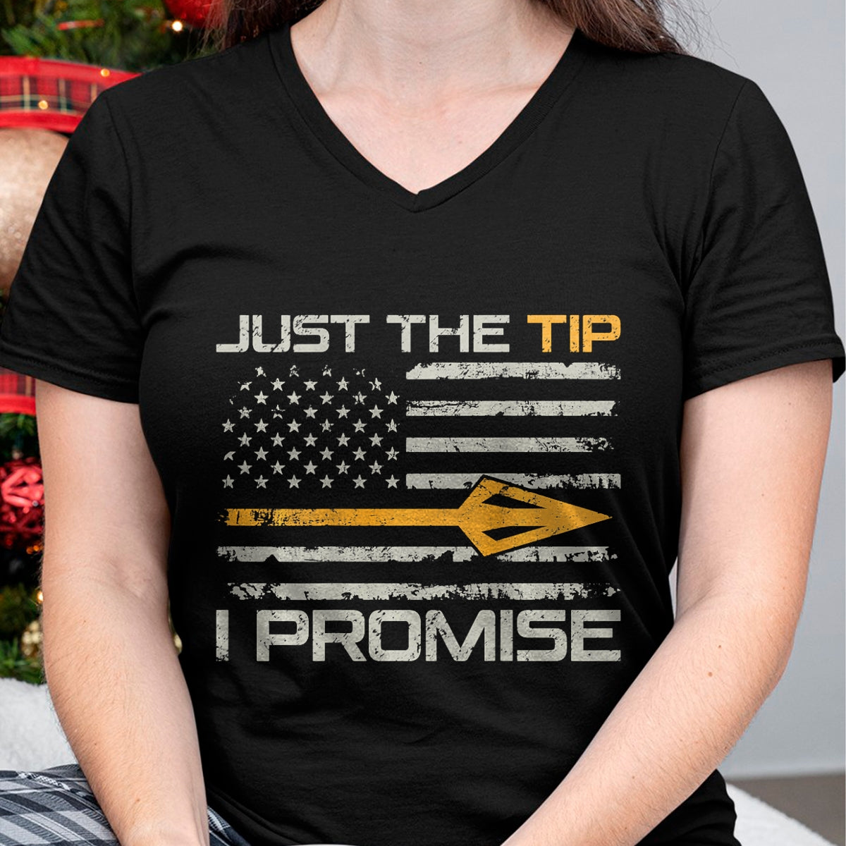 Funny Hunting Shirt, Gift For Hunting Lover Unisex T-Shirt/Hoodie/Sweatshirt HLT00 - Just The Tip I Promise - Funny Bow Hunting Camo (ON Back) T-Shirt