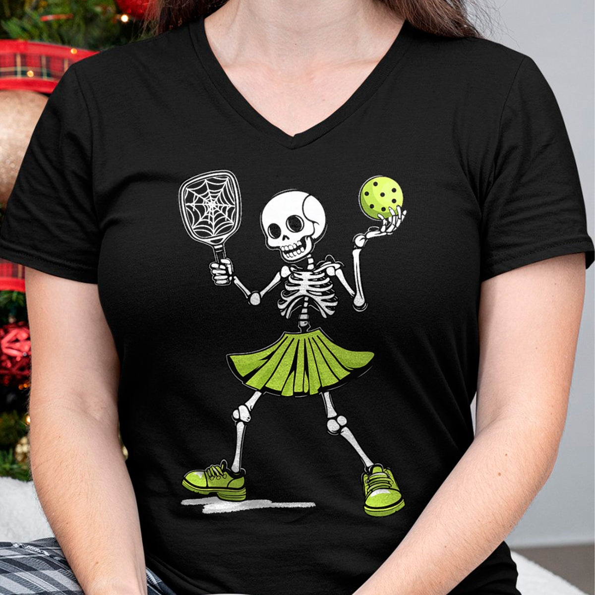 Funny Pickleball Shirt, Pickleball Lover Unisex T-Shirt/Hoodie/Sweatshirt HLT00 - Spooky Pickleball Halloween Skeleton Costume Women T-Shirt
