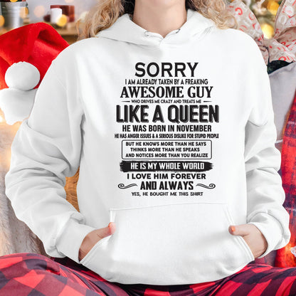 November - Sorry I am already taken by a freaking awesome guy - Gift for Wife From Husband - TRNN11 (SKU08-25-11)