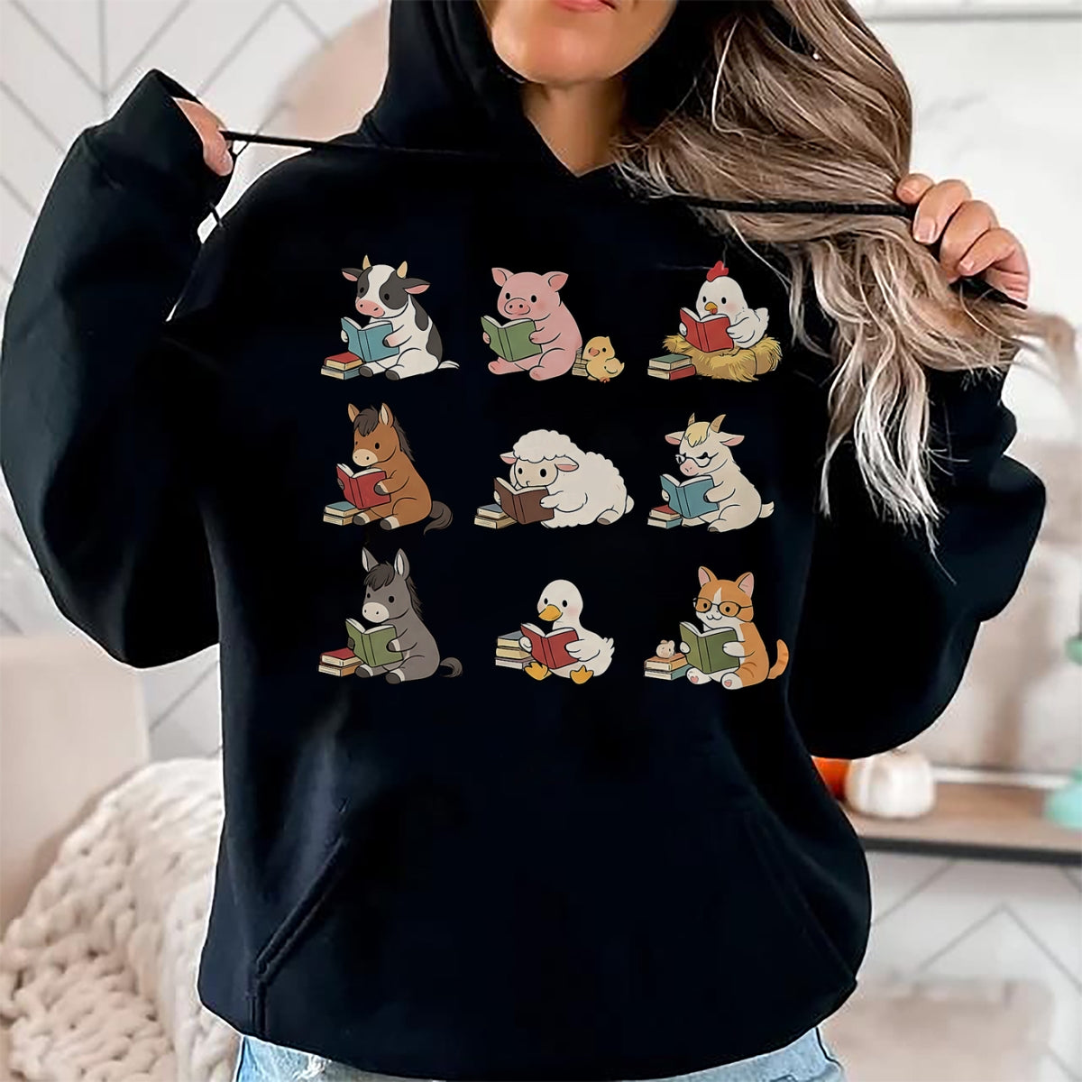 Best Teacher Shirt, Funny Teacher UnisexT-Shirt/Hoodie/Sweatshirt HLT00 - Cute Farm Animal Reading Book Bookish Reader Teacher Library T-Shirt