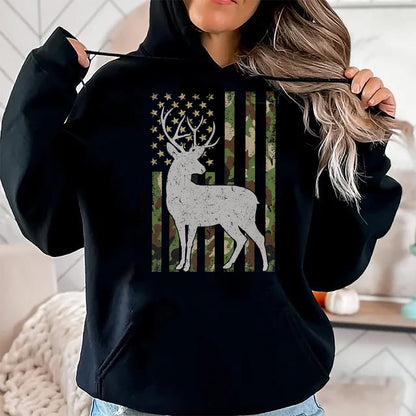 Funny Hunting Shirt, Gift For Hunting Lover Unisex T-Shirt/Hoodie/Sweatshirt HLT00 - Whitetail Buck Deer Hunting Camouflage USA Flag 4th of July T-Shirt