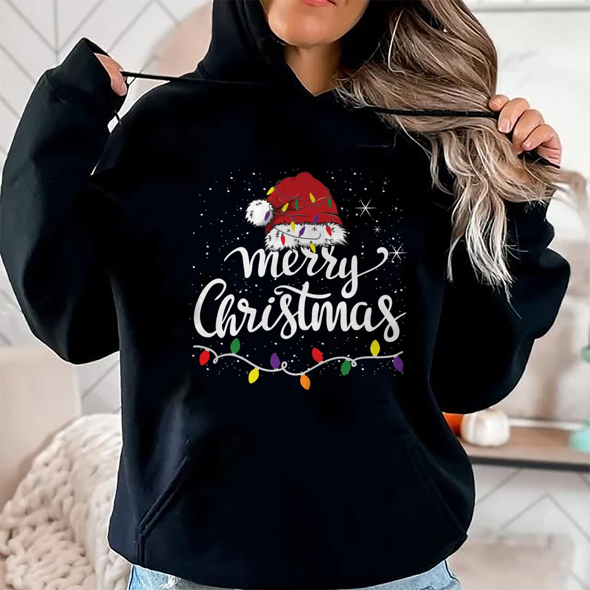 Merry Christmas Lights Red Santa Hat Xmas Family Men Women Pullover - Christmas Unisex T-Shirt/Hoodie/Sweatshirt - TRNN00
