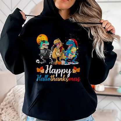 Halloween Thanksgiving Christmas Happy HalloThanksMas T rex T-Shirt - Christmas Unisex T-Shirt/Hoodie/Sweatshirt - TRNN00