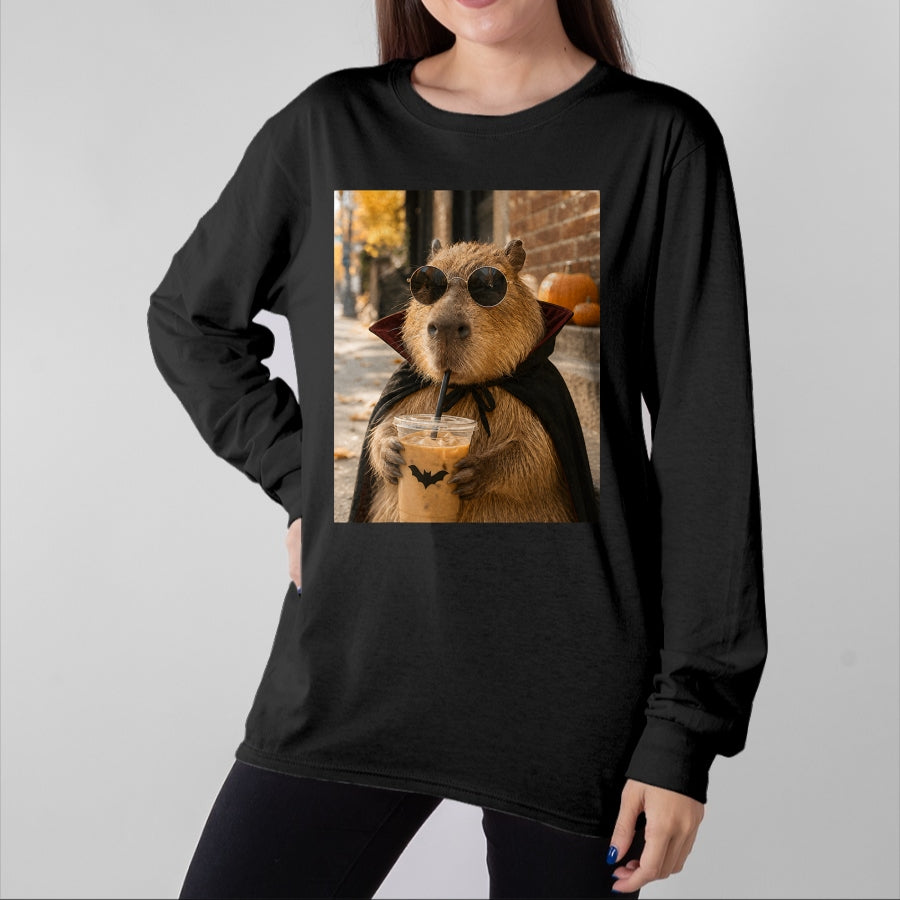 Cute Capybara Shirt, Funny Capybara Unisex T-Shirt/Hoodie/Sweatshirt HLT00 - Capybara Vampire Drinking Iced Coffee Halloween Funny Meme T-Shirt