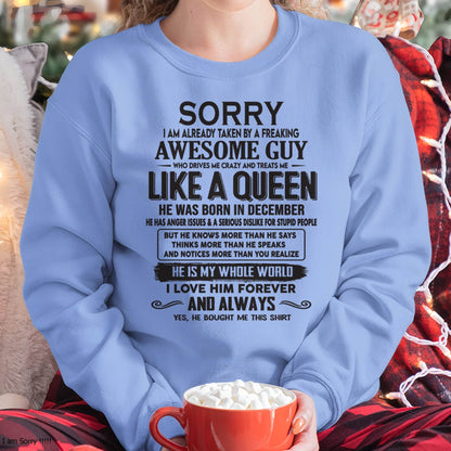 December - Sorry I am already taken by a freaking awesome guy - Gift for Wife From Husband - TRNN12 (SKU08-25-12)