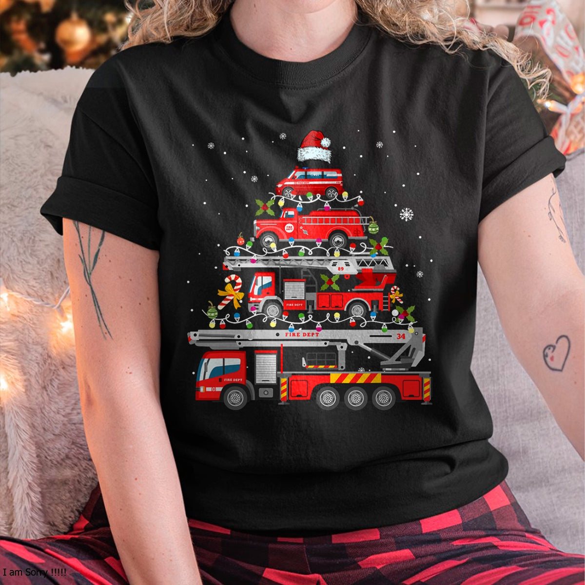 Christmas Shirts for Family, Funny christmas shirts, Christmas Unisex T-Shirt/Hoodie/Sweatshirt HLT00 - Firefighter Fire Truck Christmas Tree Lights Santa Fireman T-Shirt
