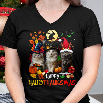 Hallowen Shirts for Family, Funny hallowen shirts, Hallowen Unisex T-Shirt/Hoodie/Sweatshirt HLT00 - Halloween Thanksgiving Christmas Happy HalloThanksMas Cats T-Shirt