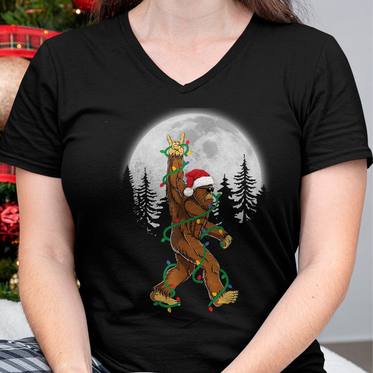 Christmas Shirts for Family, Funny christmas shirts, Christmas Unisex T-Shirt/Hoodie/Sweatshirt HLT00 - Bigfoot Santa Christmas Tree Lights Funny Xmas Sasquatch Long Sleeve T-Shirt