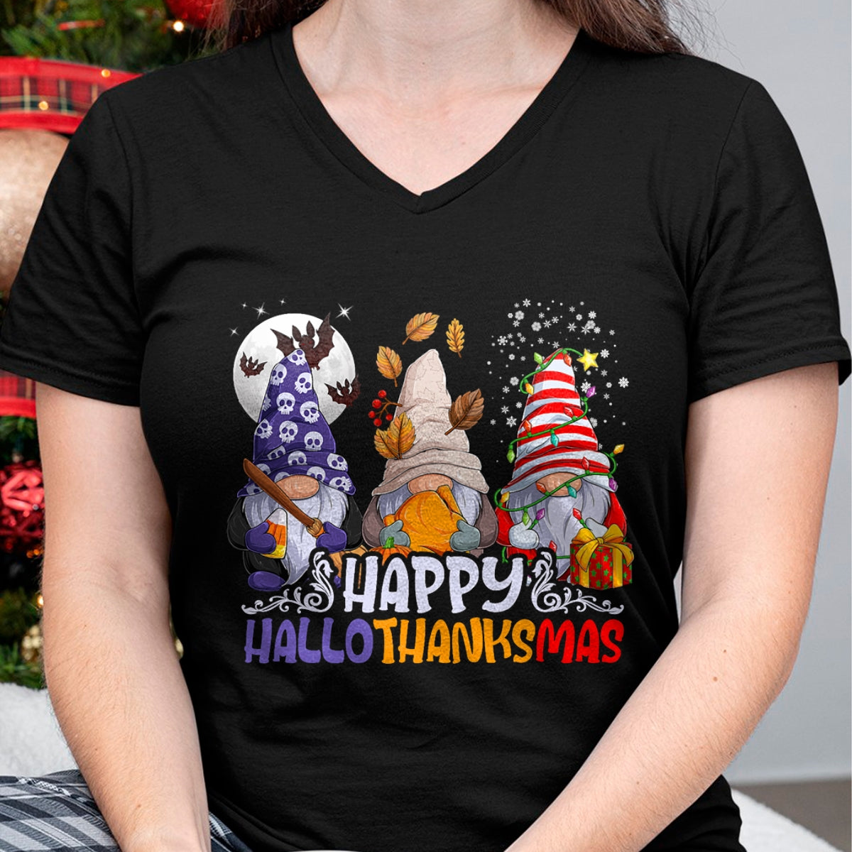 Christmas Shirts for Family, Funny christmas shirts, Christmas Unisex T-Shirt/Hoodie/Sweatshirt HLT00 - HalloThanksMas Gnomes Halloween Thanksgiving Christmas Happy T-Shirt