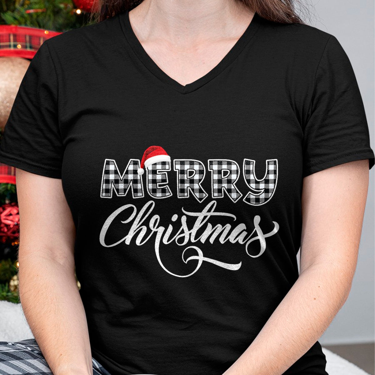 Merry Christmas Buffalo Black and White Plaid for Men Women T-Shirt - Christmas Unisex T-Shirt/Hoodie/Sweatshirt - TRNN00