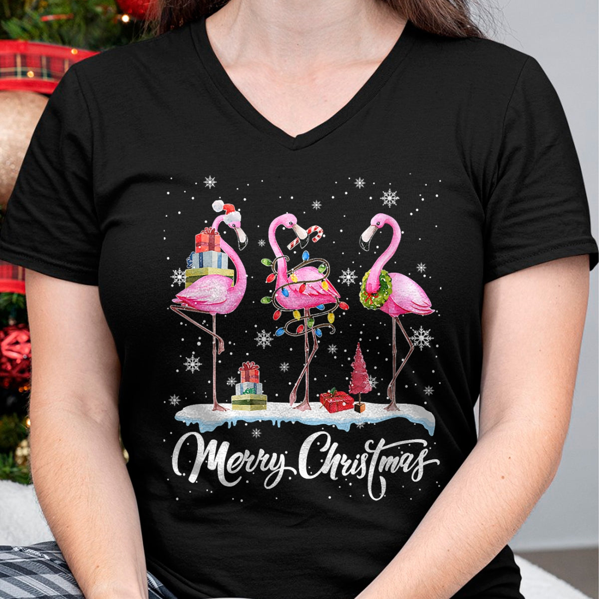 Christmas Shirts for Family, Funny christmas shirts, Christmas Unisex T-Shirt/Hoodie/Sweatshirt HLT00 - Merry Christmas Hat Santa Flamingo Light Christmas Snow T-Shirt