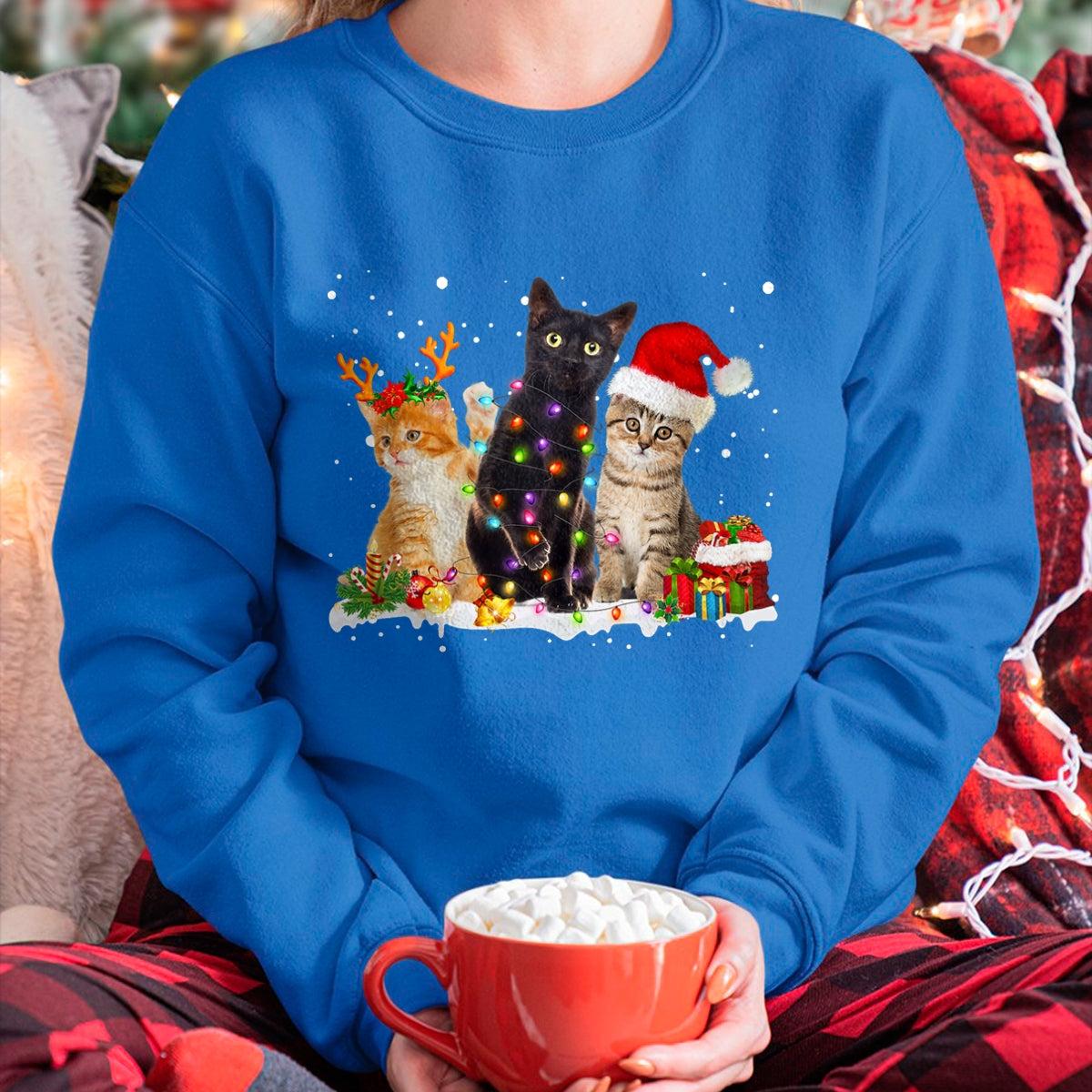 Christmas Shirts for Family, Funny christmas shirts, Christmas Unisex T-Shirt/Hoodie/Sweatshirt HLT00 - Santa Cat Light Gorgeous Reindeer Pajama Christmas Cat Lover T-Shirt