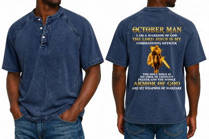 OCTOBER - I AM A WARRIOR OF GOD I GIFT FOR MEN - Washed Round Neck Polo - A09-741 I TRNN10 (SKU2607-151-10)