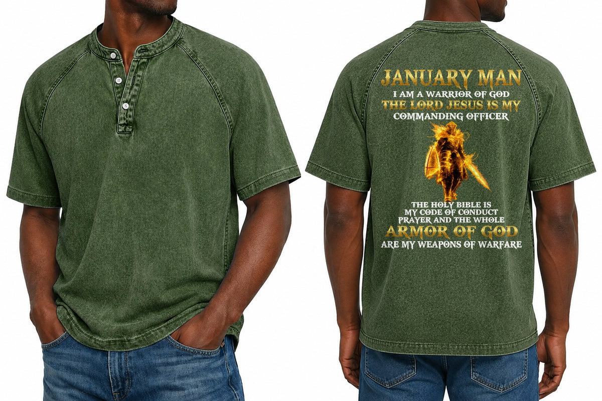 JANUARY - I AM A WARRIOR OF GOD I GIFT FOR MEN - Washed Round Neck Polo - A09-741 I TRNN01 (SKU2607-151-01)