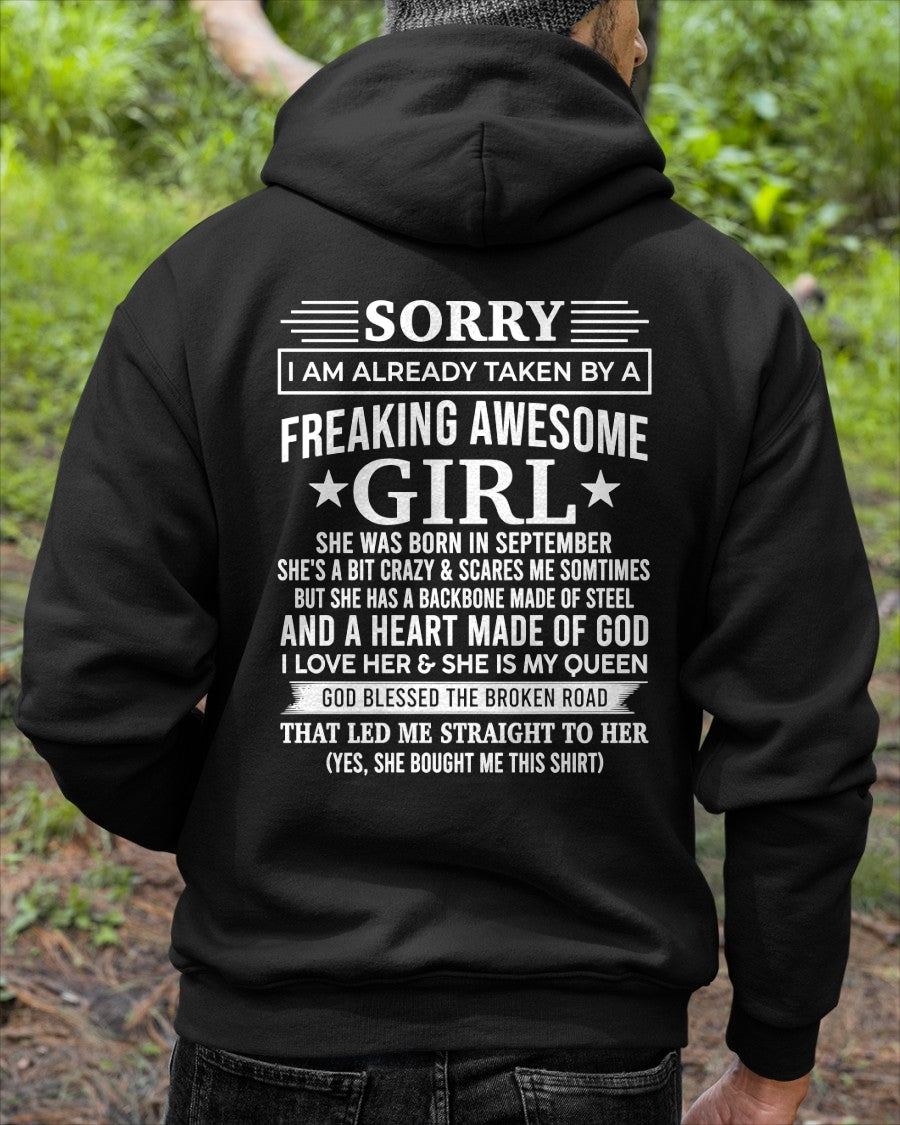 SEPTEMBER - SORRY I AM ALREADY TAKEN BY A FREAKING AWESOME GIRL - T Shirt For Husband From Wife - TRNN09 (SKU2602-44-09)