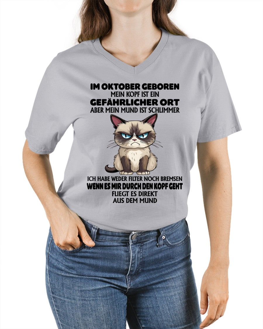 OKTOBER – MEIN KOPF IST EIN GEFÄHRLICHER ORT – GEBURTSTAGS-T-SHIRT FÜR FRAUEN - DEU/TRNN10 (SKU2605-382-10)