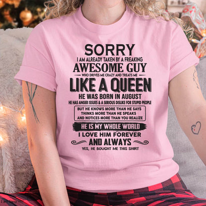 August - Sorry I am already taken by a freaking awesome guy - Gift for Wife From Husband - TRNN08 (SKU08-25-08)