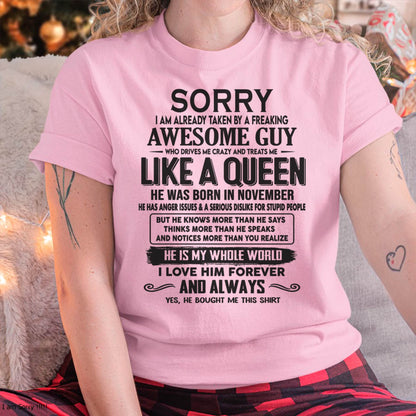 November - Sorry I am already taken by a freaking awesome guy - Gift for Wife From Husband - TRNN11 (SKU08-25-11)